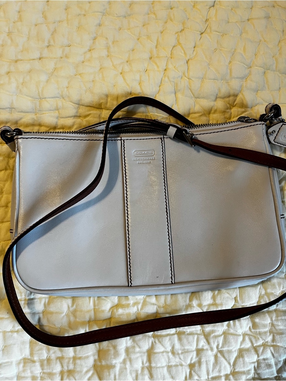 Coach Leather Crossbody Bag in Light Gray with Dark Brown Strap